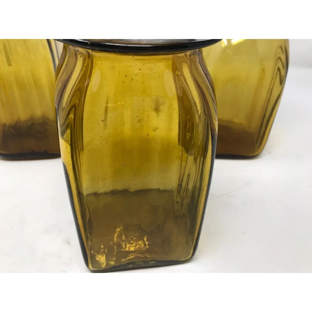 Canister Set of 3 Amber Ribbed Glass Holland Boone Pewter Lids Hand Blown Mexico